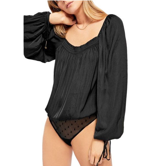Free People Intimately Another Round Peasant Bodysuit Black Silky Size Medium - Picture 2 of 13
